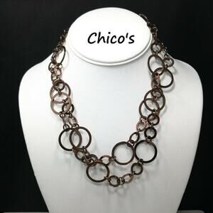 Chico's Bronze Hoops Circle Links Long Necklace, Circle Links, New With Tags